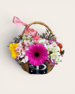 Canasta 10 gerberas, mini rosa, astromelia, leticia y dolar