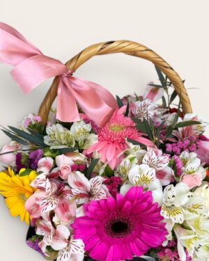 Canasta 10 gerberas, mini rosa, astromelia, leticia y dolar