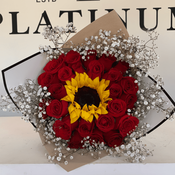 24 Rosas Rojas 1 Girasol Con Gypso Platinum Flowers 