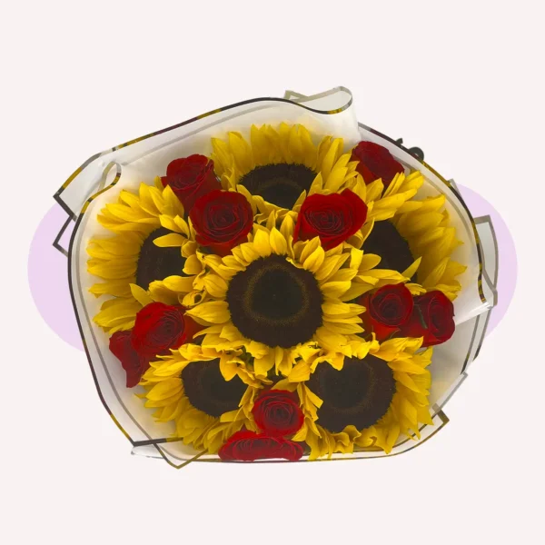 6 girasoles con 10 rosas rojas