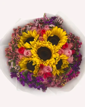 24 rosas combinadas, 5 girasoles con leticia