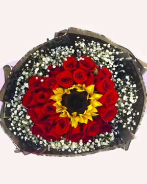24 rosas rojas, 1 girasol con gypso