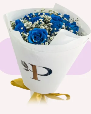 12 rosas azules con gypso