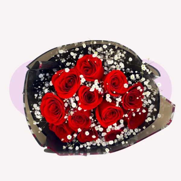 12 rosas rojas con gypso