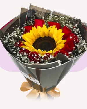 12 rosas rojas y 1 girasol con gypso