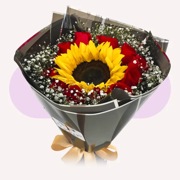 12 rosas rojas y 1 girasol con gypso