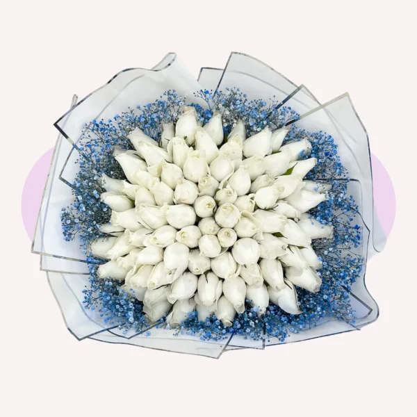 100 Rosas Blancas con Gypso Azul