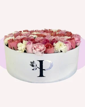 Caja Redonda de 48 Rosas y 24 Claveles