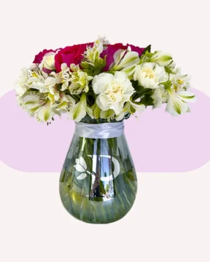 Jarrón Tornasol con Rosas Rosas y Astromelia