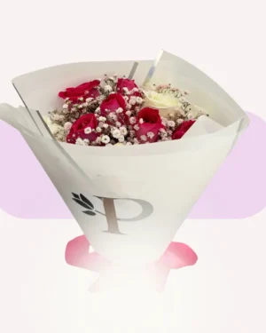 12 Rosas Rosas y Blancas con Gypso
