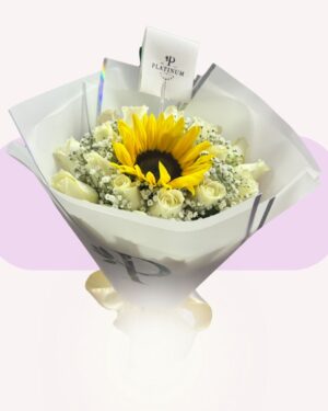 24 ROSAS BLANCAS CON 1 GIRASOL Y GYPSO