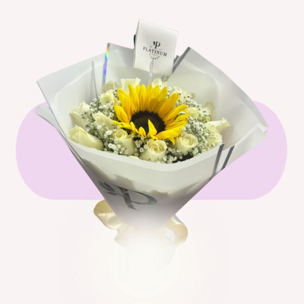 24 ROSAS BLANCAS CON 1 GIRASOL Y GYPSO