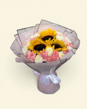 3 girasoles con claveles
