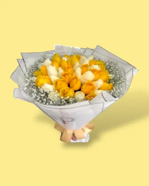 36 rosas amarillas con blancas y gypso a